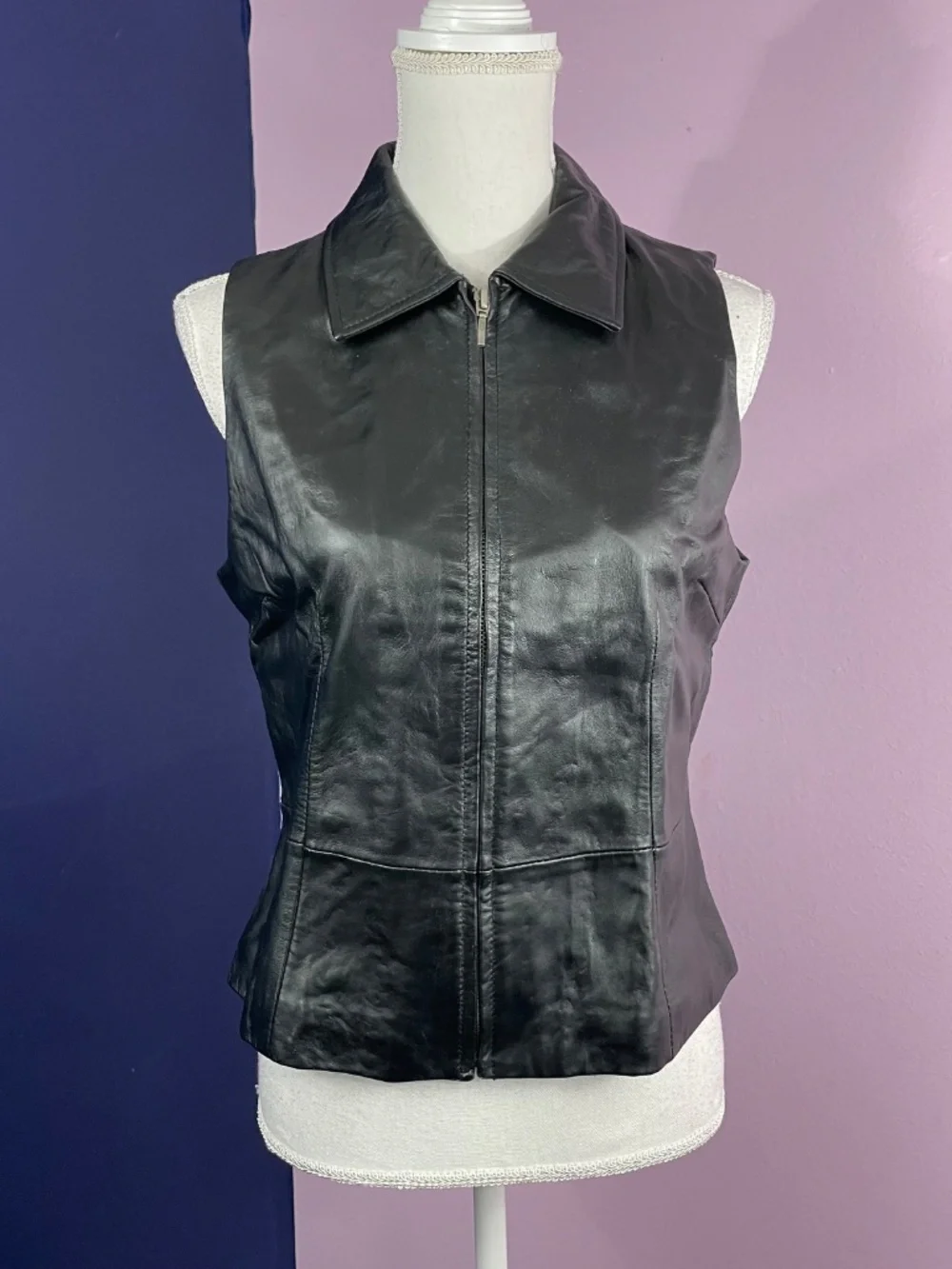 Lambskin Leather Biker Vest M Black Full Zip Collared Sleeveless Jacket Smooth